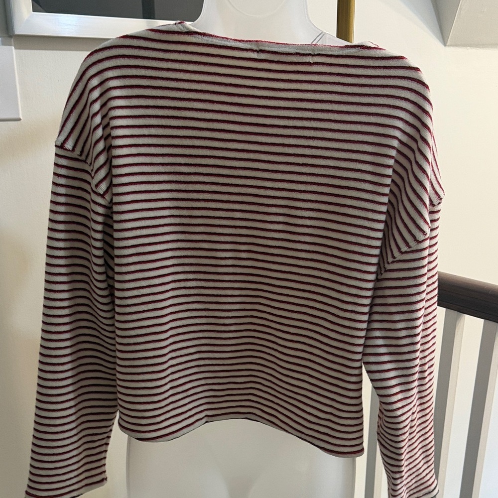 perfectwhitetee NWT Cream and Burgundy Striped Boatneck Terry Sweatshirt M - Picture 5 of 7